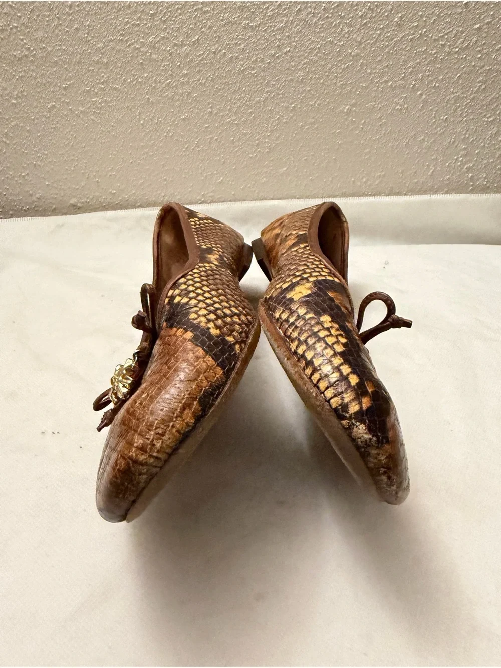 Tory Burch Brown & Tan Snakeskin-Print Ballet Flats with Gold Logo Charm, pre-ow